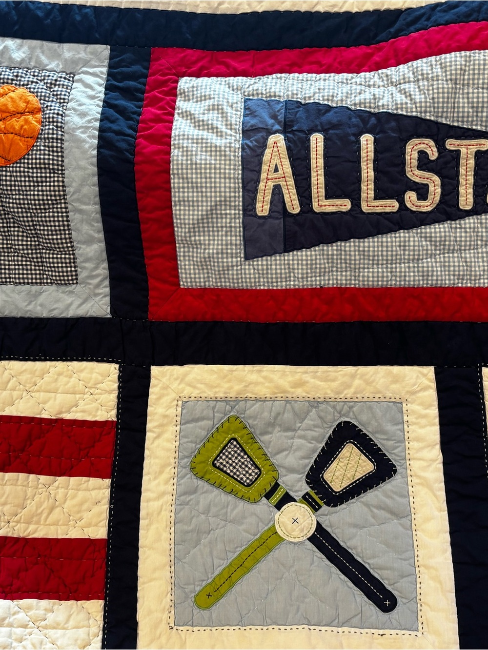 Pottery Barn Kids Navy, Red, White & Green All-Star Quilted Throw with case